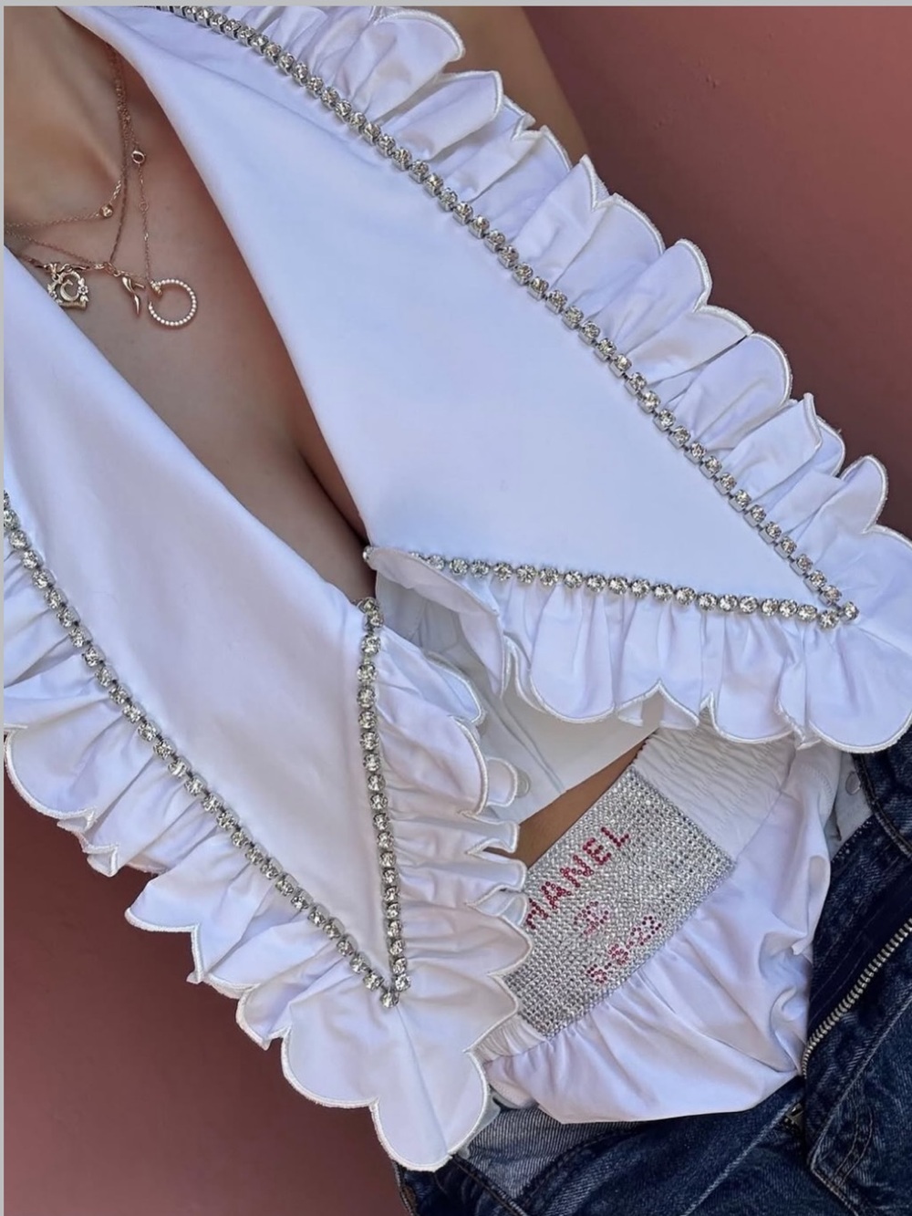 NWT ✨ AREA Poplin Ruffle Crop Top Halter Rhinestone White 0 XS